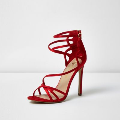 Red satin finish caged sandals